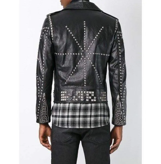 Men's Classic Sliver Studded Leather Motorcycle Jacket, Biker Leather Black Jacket