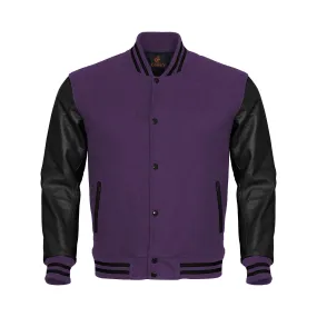 Mens Letterman Jacket Purple Body and Black Leather Sleeves Varsity Jacket