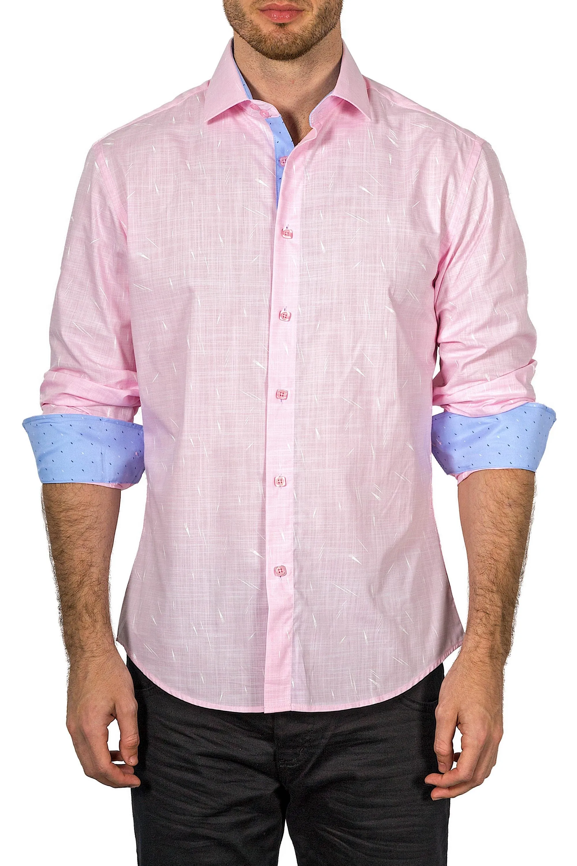 Men's Modern Fit Cotton Button Up Pink Hatch Pattern