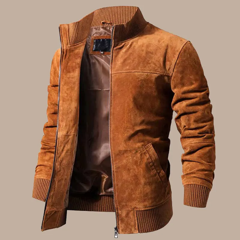 Men’s Real Leather Jacket With Rib Cuff Standing Collar