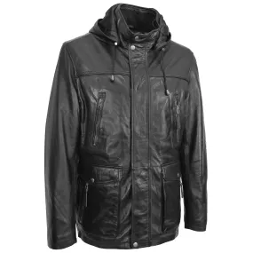 Mens Soft Leather Parka With Hood 3/4 Long Coat DAVE Black