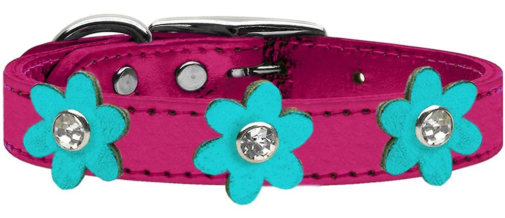 Metallic Flower Leather Collar Metallic Pink With Metallic Turquoise Flowers Size 16