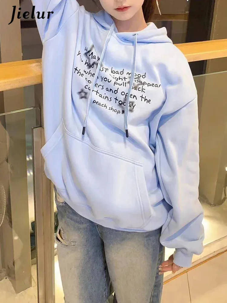 Metaversmall Sky Blue Hooded Drawstring Chic Letter Print Women Hoodies Winter Solid Color Street Simple Casual Fashion Female Hoodies