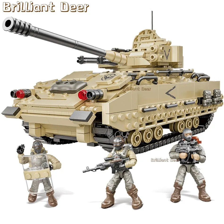 Military M2 Bradley M4 Sherman M1A2 Abrams US Tank Building Blocks Bricks Model WW2 Army Soldier Weapon Children Toys for Boys