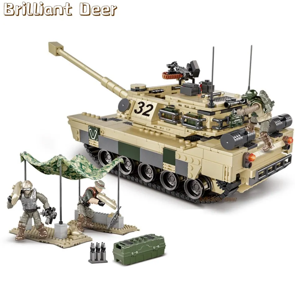 Military M2 Bradley M4 Sherman M1A2 Abrams US Tank Building Blocks Bricks Model WW2 Army Soldier Weapon Children Toys for Boys