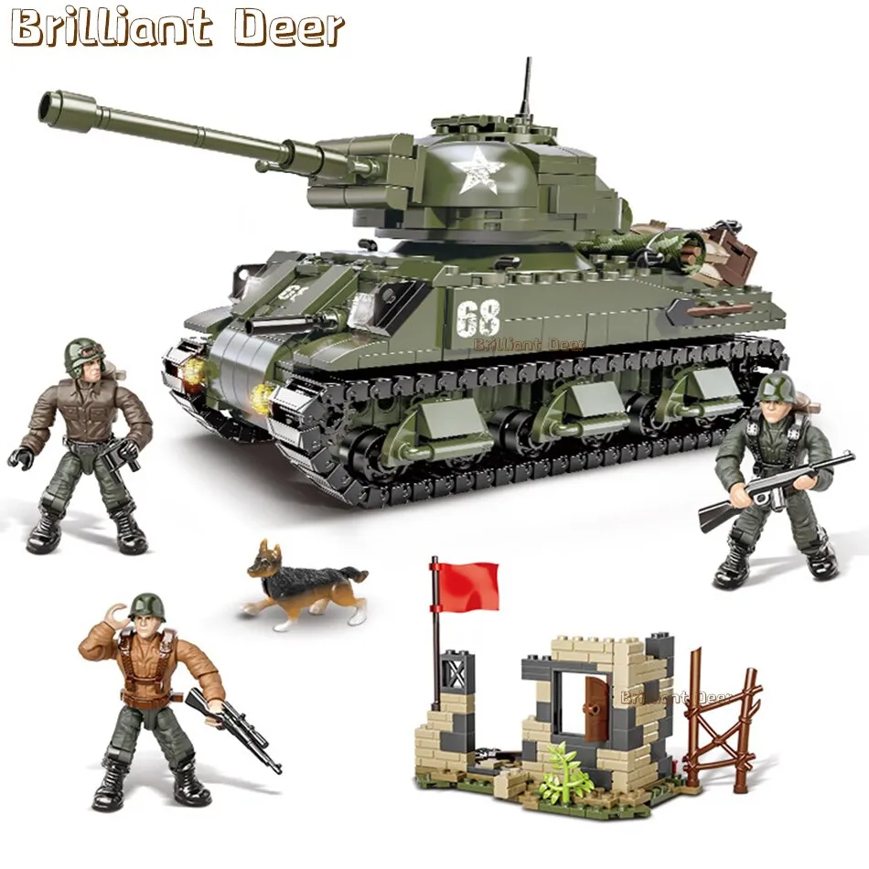 Military M2 Bradley M4 Sherman M1A2 Abrams US Tank Building Blocks Bricks Model WW2 Army Soldier Weapon Children Toys for Boys