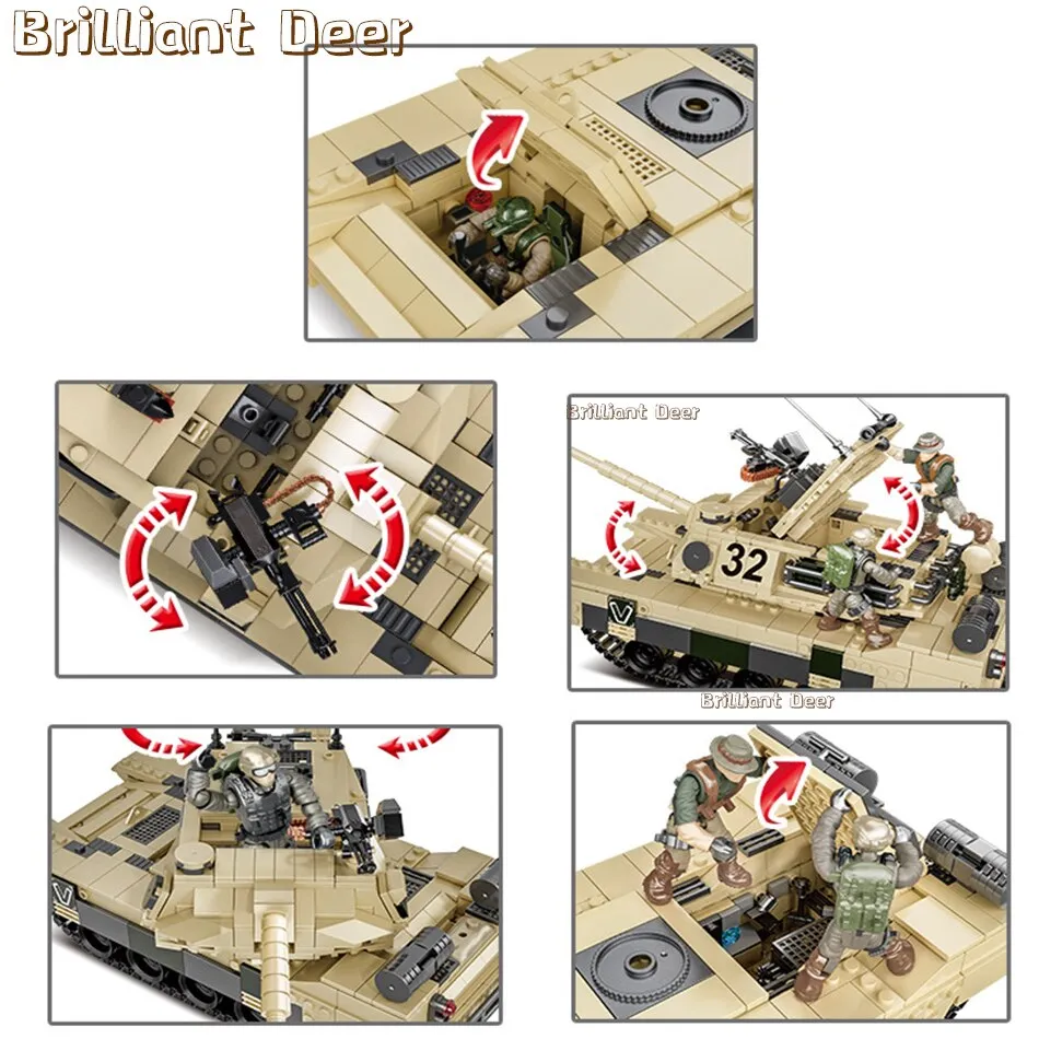 Military M2 Bradley M4 Sherman M1A2 Abrams US Tank Building Blocks Bricks Model WW2 Army Soldier Weapon Children Toys for Boys