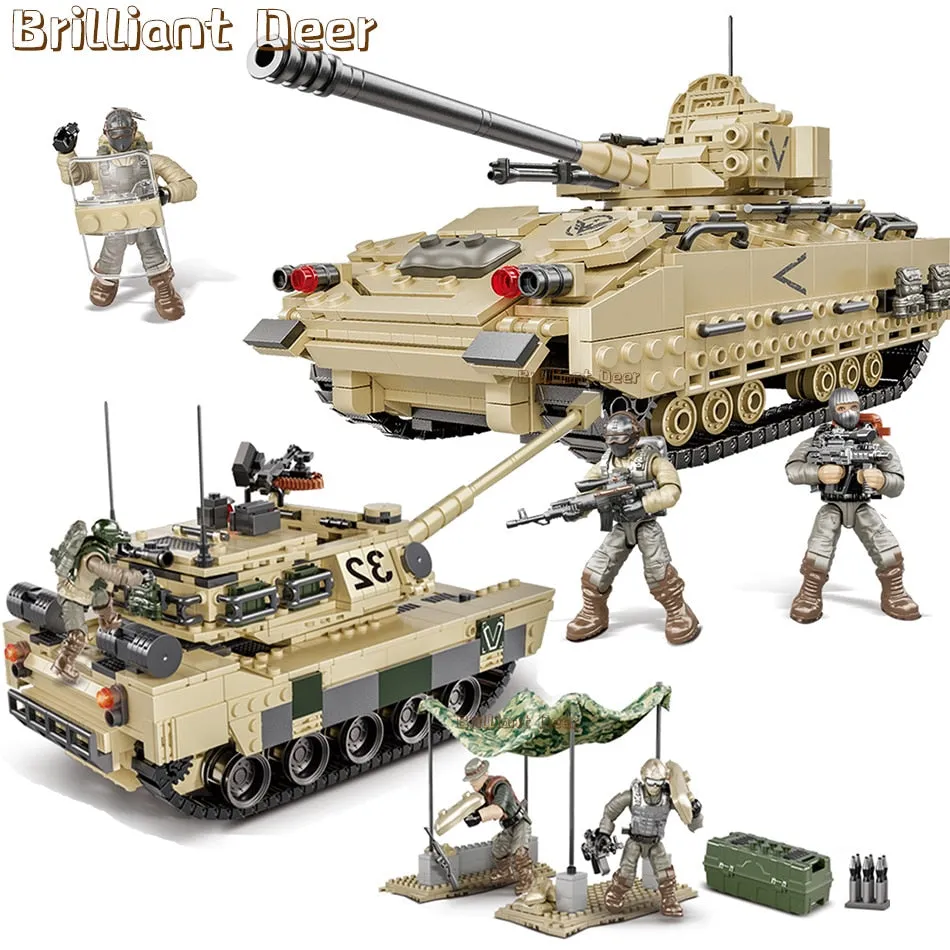 Military M2 Bradley M4 Sherman M1A2 Abrams US Tank Building Blocks Bricks Model WW2 Army Soldier Weapon Children Toys for Boys