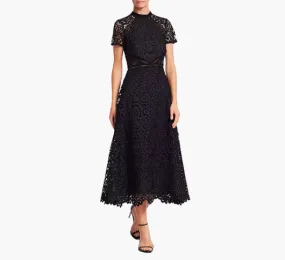 ML Monique Lhuillier - Lace Overlay Midi Dress in Jet Black