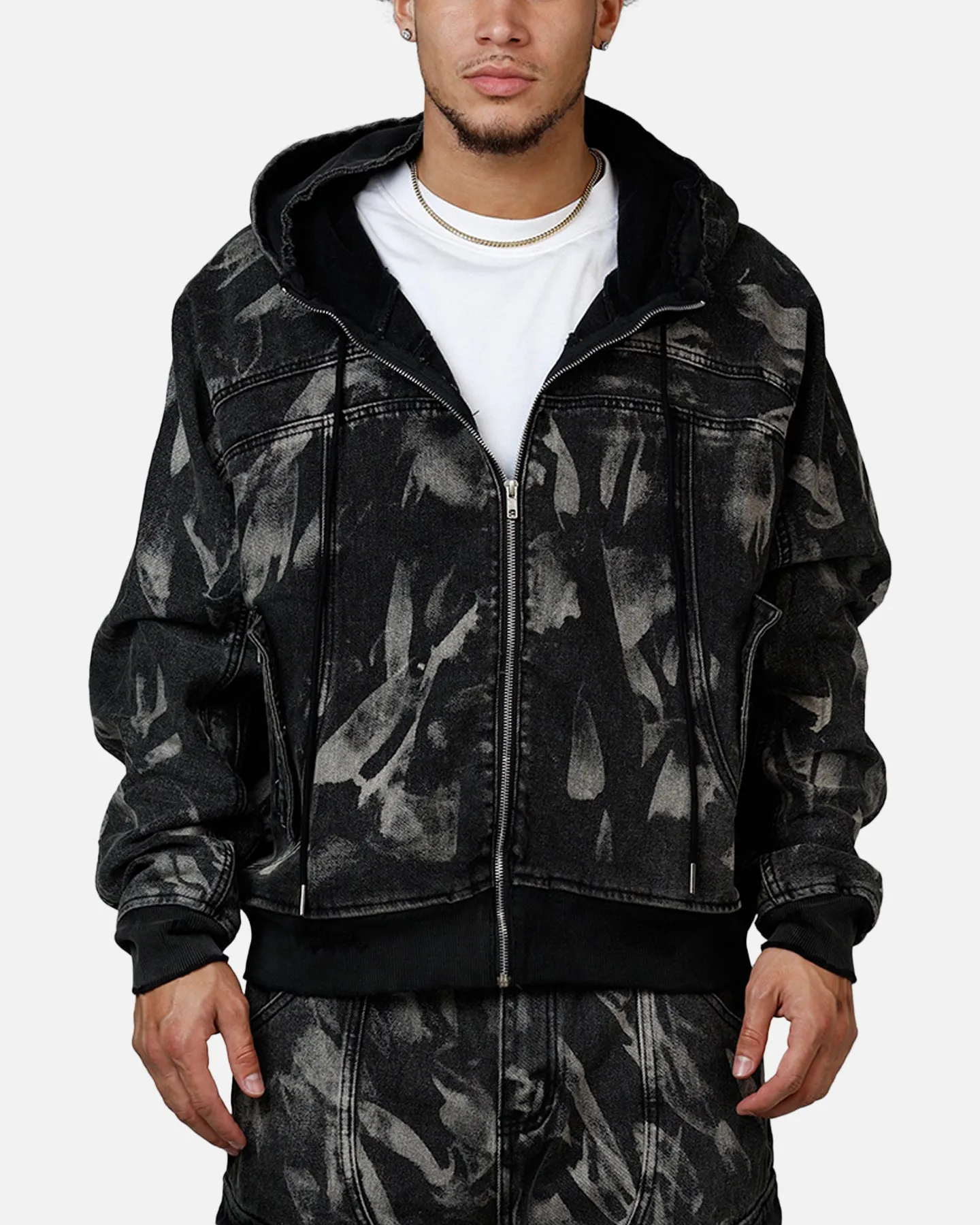 MNML Double Denim Hood Bomb Jacket Black