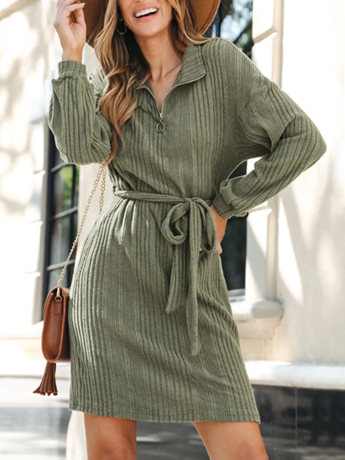 Moss Tied Quarter Zip Long Sleeve Casual Dress | Fall Fashion | Fall Dresses