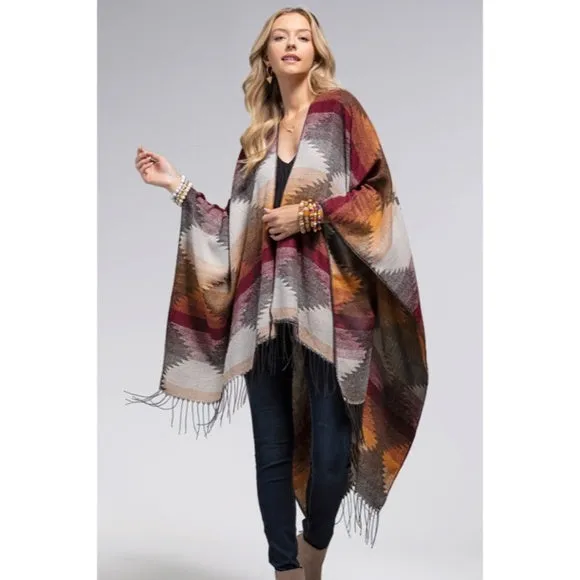 Mulberry Western Print Tassel Ruana Knit Fall Autumn Bohemian Boho Style Wrap