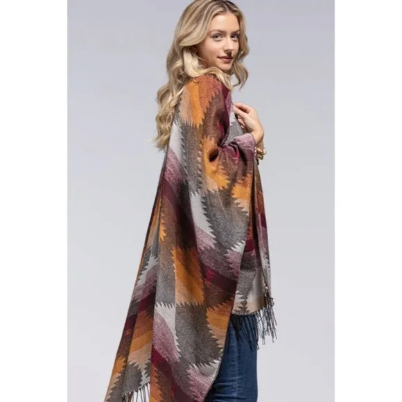 Mulberry Western Print Tassel Ruana Knit Fall Autumn Bohemian Boho Style Wrap