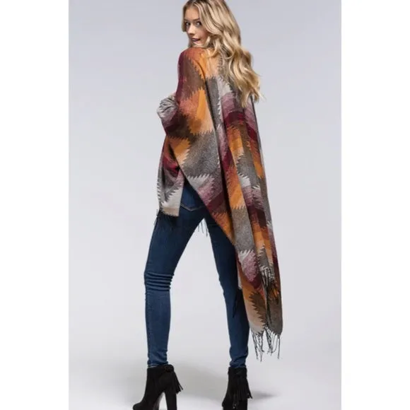 Mulberry Western Print Tassel Ruana Knit Fall Autumn Bohemian Boho Style Wrap