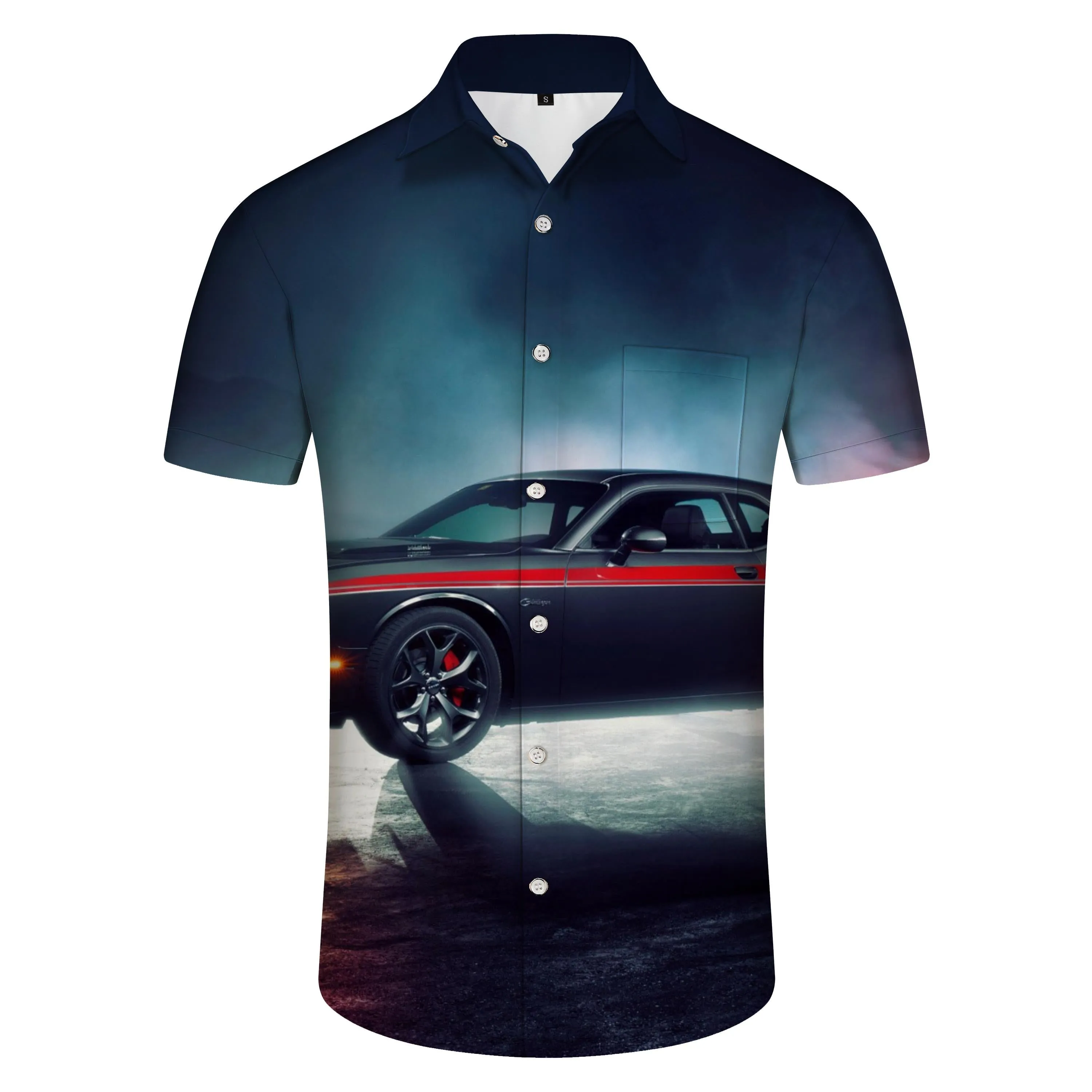 Navy blue men's car shirt 3d digital printing pattern four seasons button shirt street seaside beach short sleeve loose top