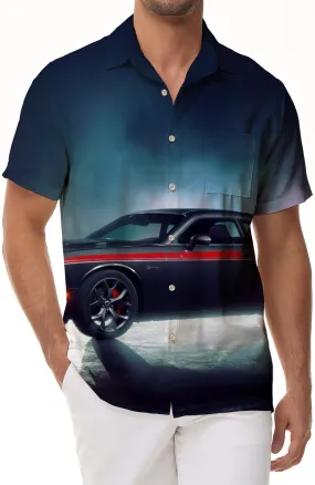 Navy blue men's car shirt 3d digital printing pattern four seasons button shirt street seaside beach short sleeve loose top