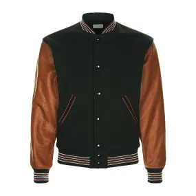 Navy Bomber Jackets With Leather Sleeve