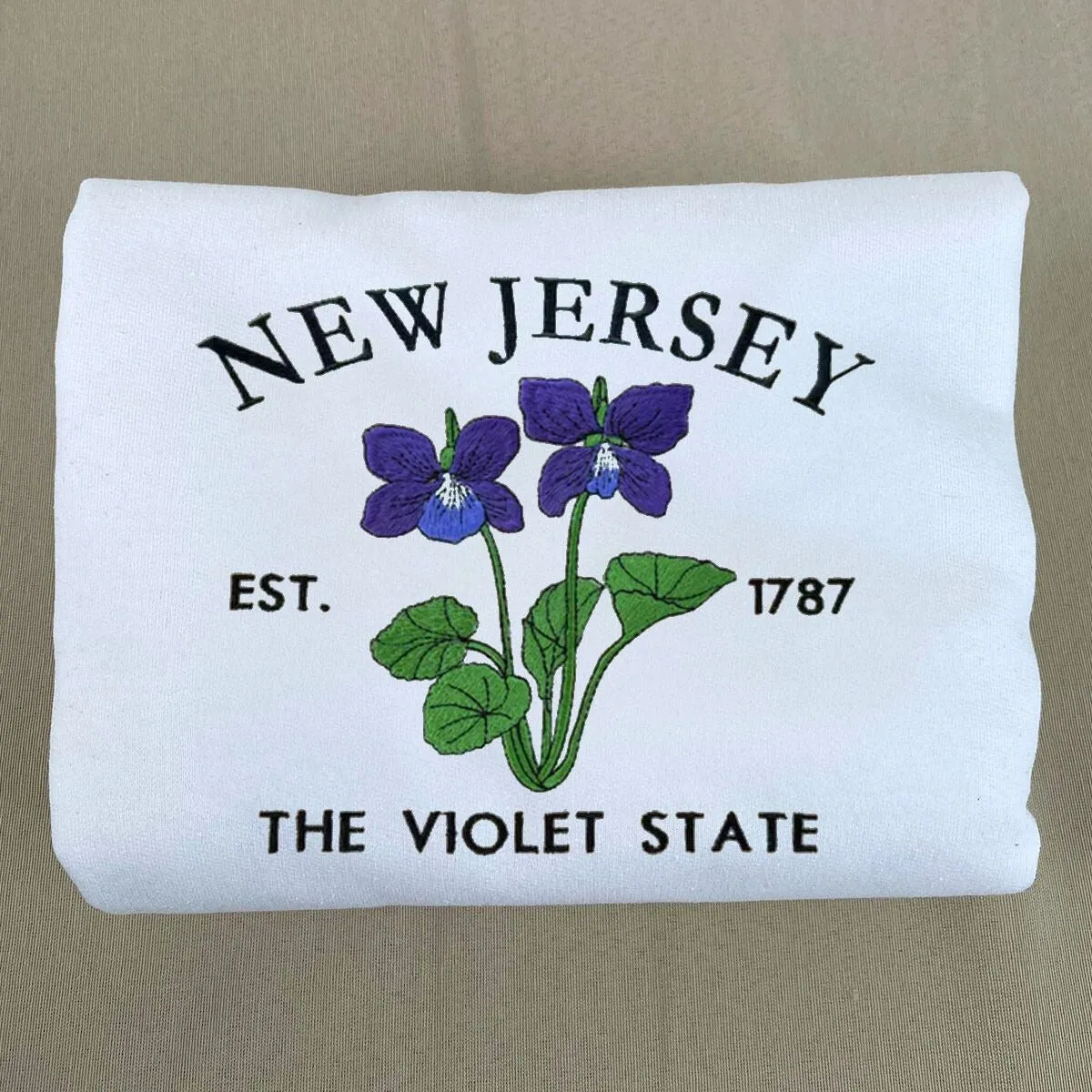 New Jersey State Sweatshirt or Hoodie, Embroidered Gift - Est. 1787 Violet Flower