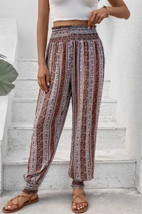 NicholesGifts Women Smocked Printed High Waist Pants