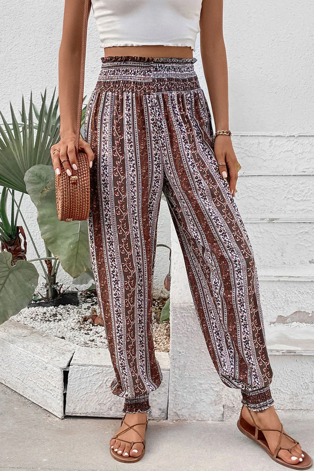 NicholesGifts Women Smocked Printed High Waist Pants