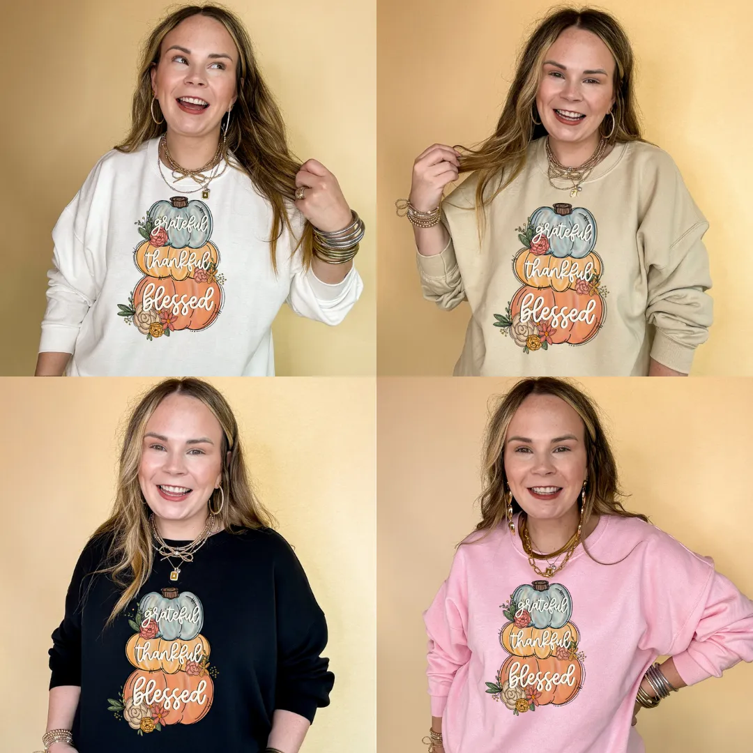 Online Exclusive | Grateful, Thankful, Blessed Stacked Pumpkins and Floral Arrangement Graphic Sweatshirt in Multiple Color Options