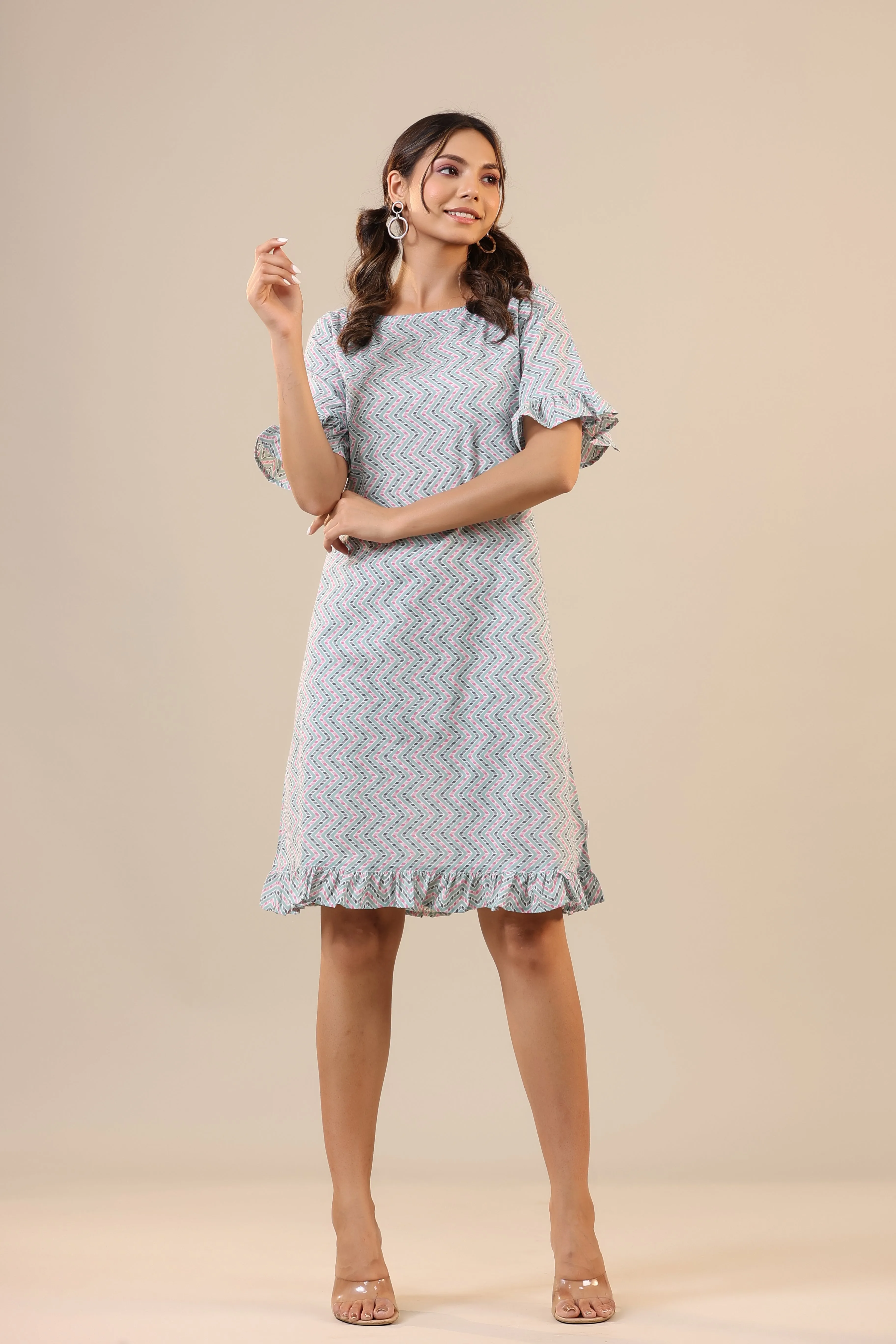 Parallel Zigazag Stripes on Light Blue T-shirt Dress