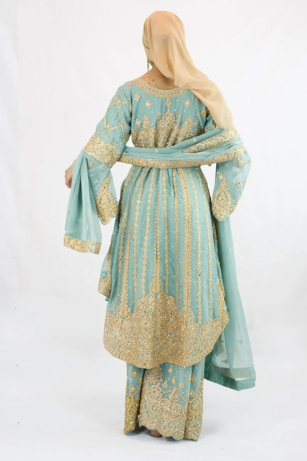 Peplum bell arms tailback top Sharara suit | Light Teal