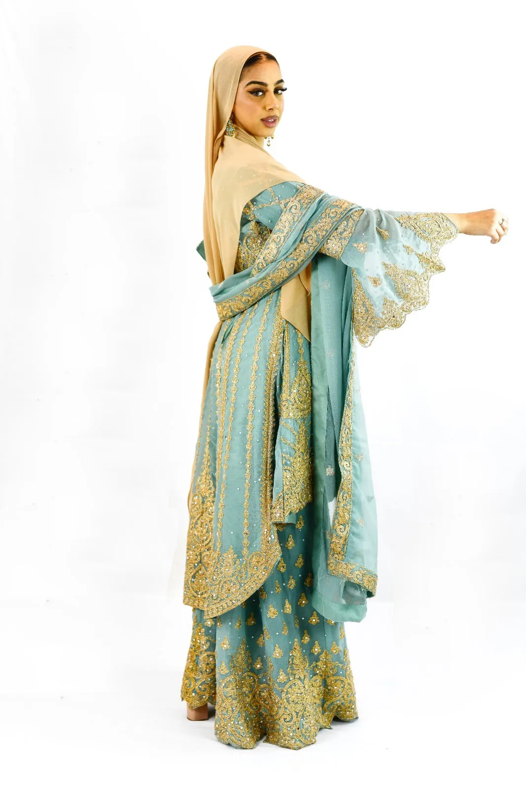 Peplum bell arms tailback top Sharara suit | Light Teal