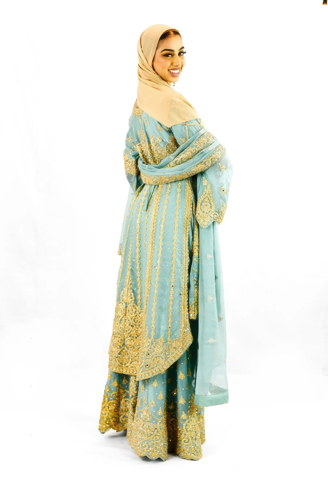 Peplum bell arms tailback top Sharara suit | Light Teal