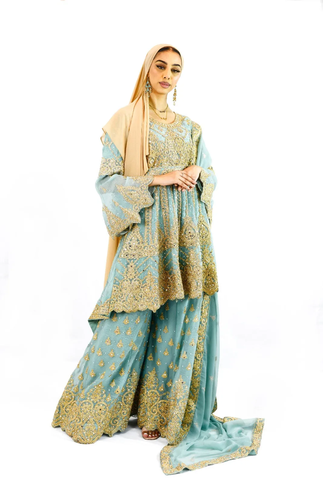 Peplum bell arms tailback top Sharara suit | Light Teal