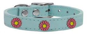 Pink Daisy Widget Genuine Leather Dog Collar Baby Blue 14