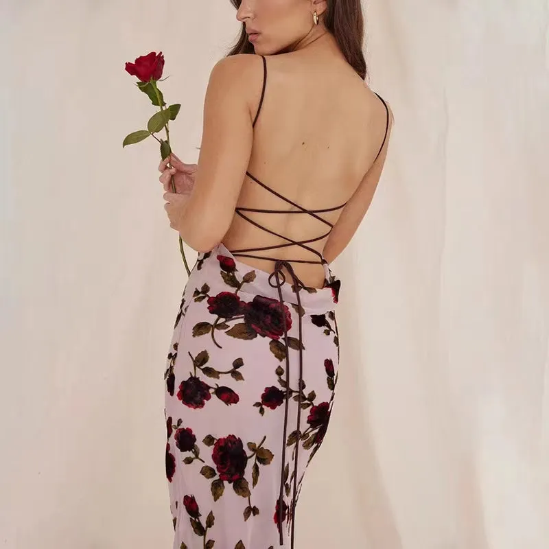 Pink Floral Backless Slip Dress