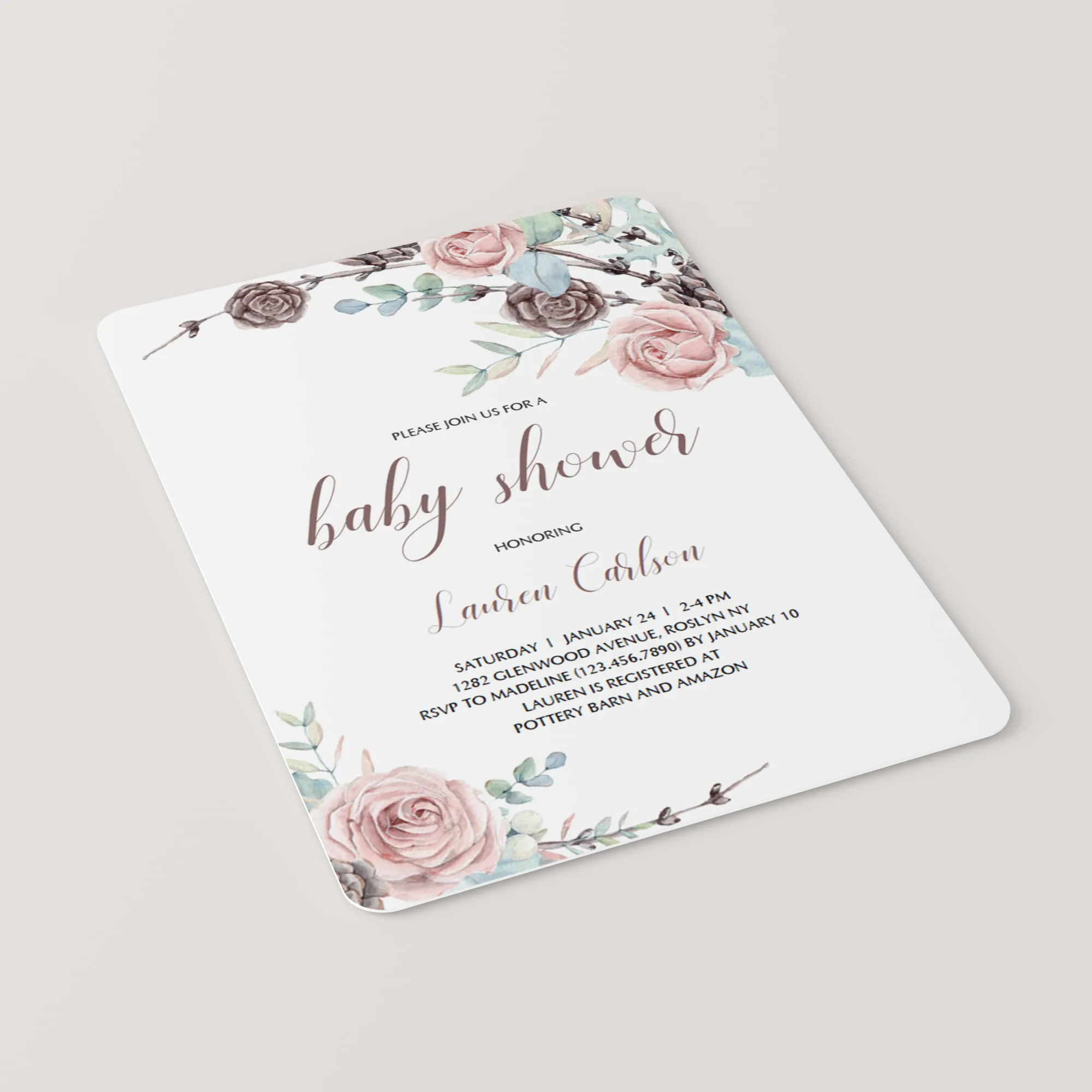 Pink Roses Baby Shower Invite Template