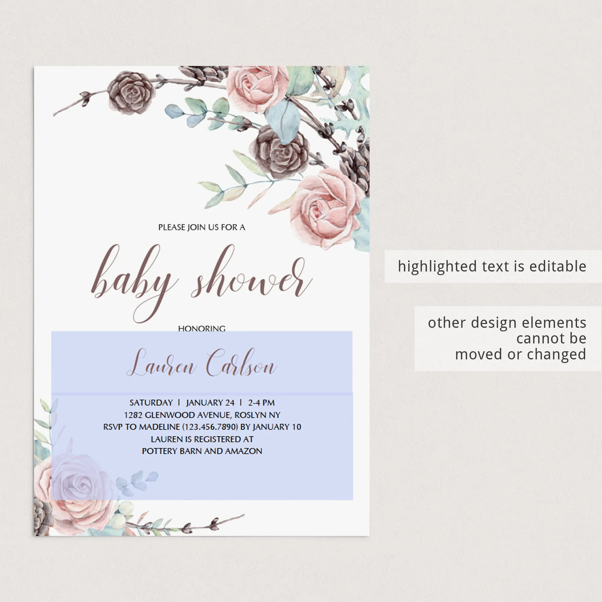 Pink Roses Baby Shower Invite Template