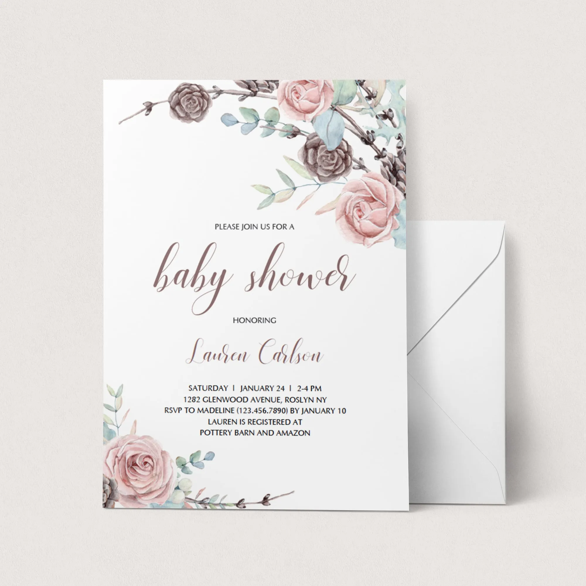 Pink Roses Baby Shower Invite Template