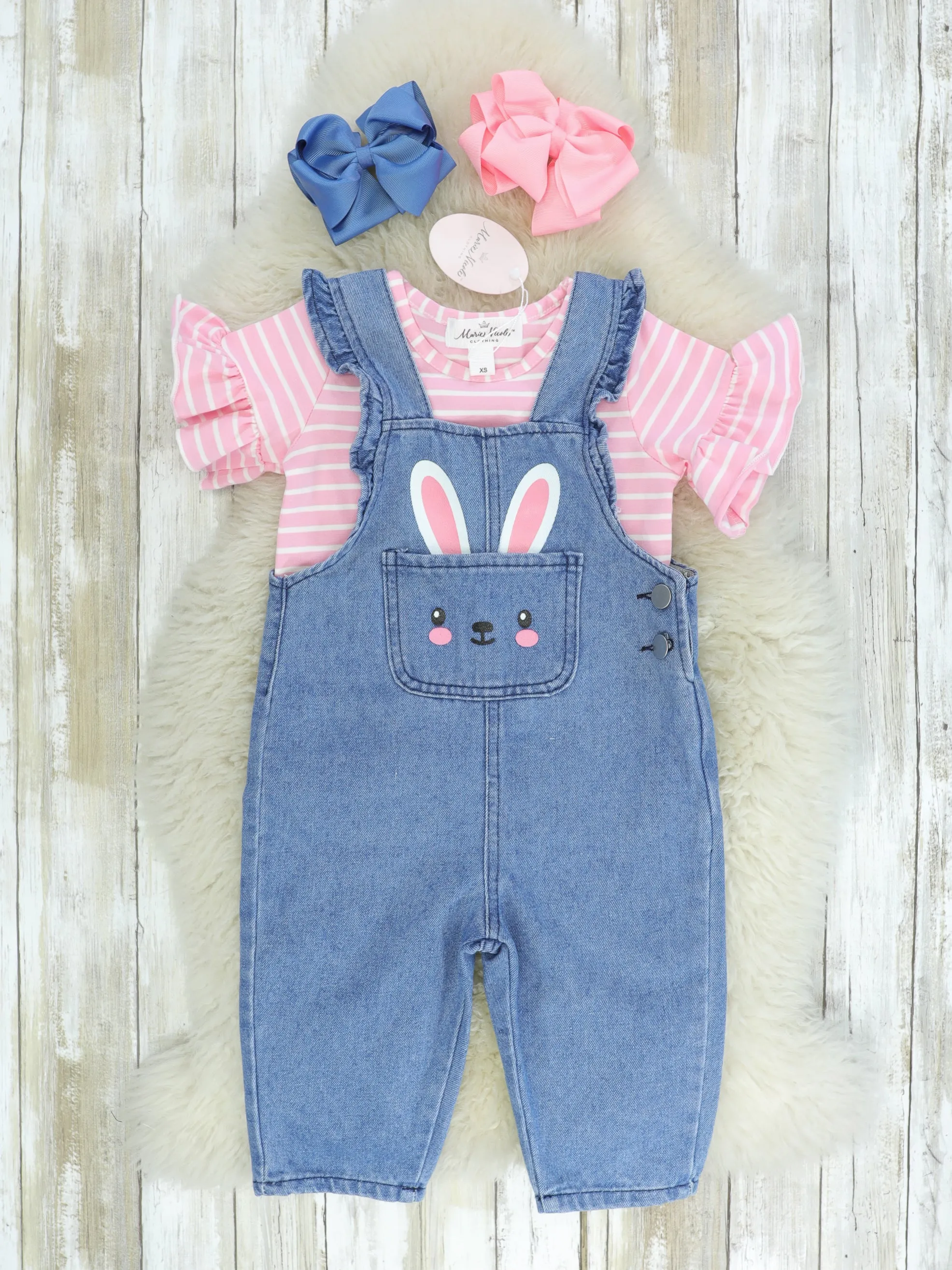 Pink Striped Shirt & Bunny Denim Overall