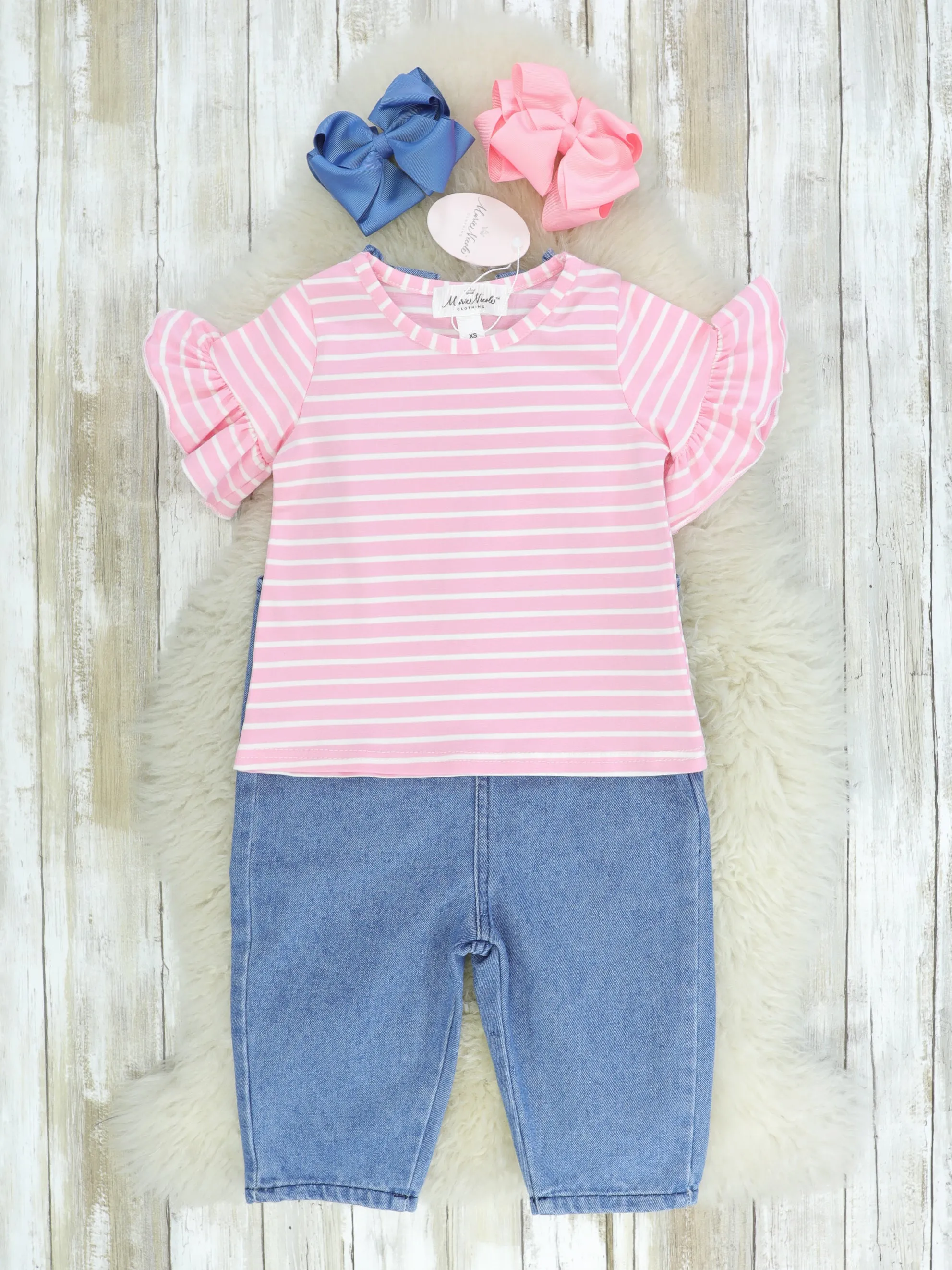 Pink Striped Shirt & Bunny Denim Overall