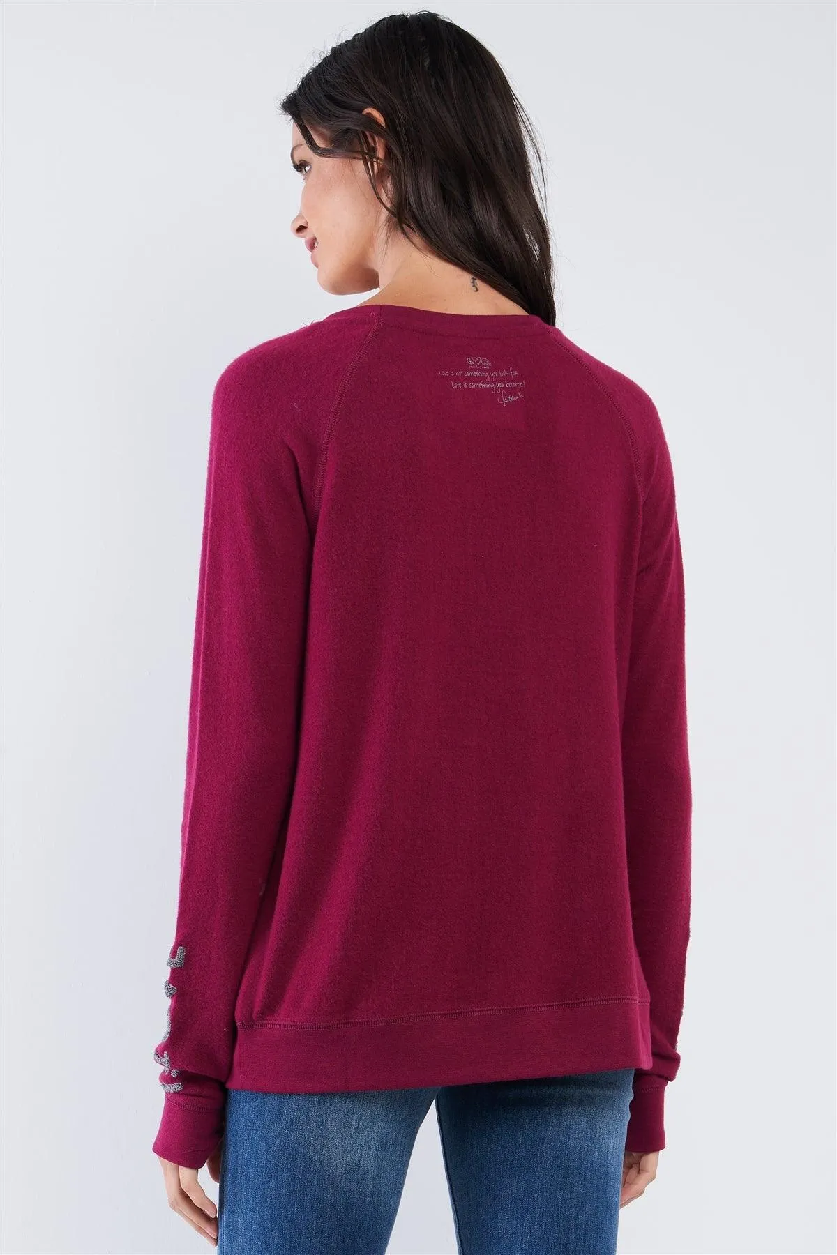 Plum Red Long Sleeve "Love is Love" Graphic Crew Neck Printed Top /2-2