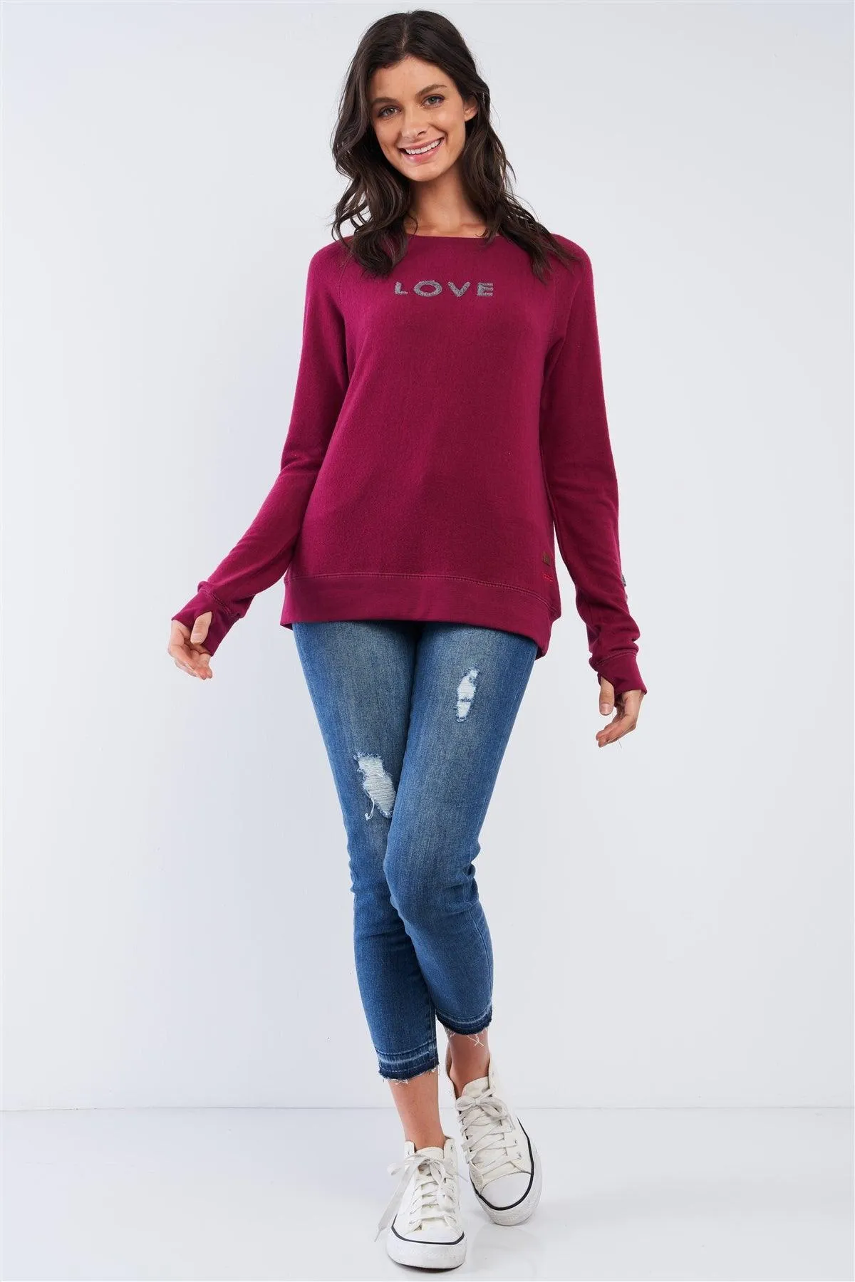 Plum Red Long Sleeve "Love is Love" Graphic Crew Neck Printed Top /2-2