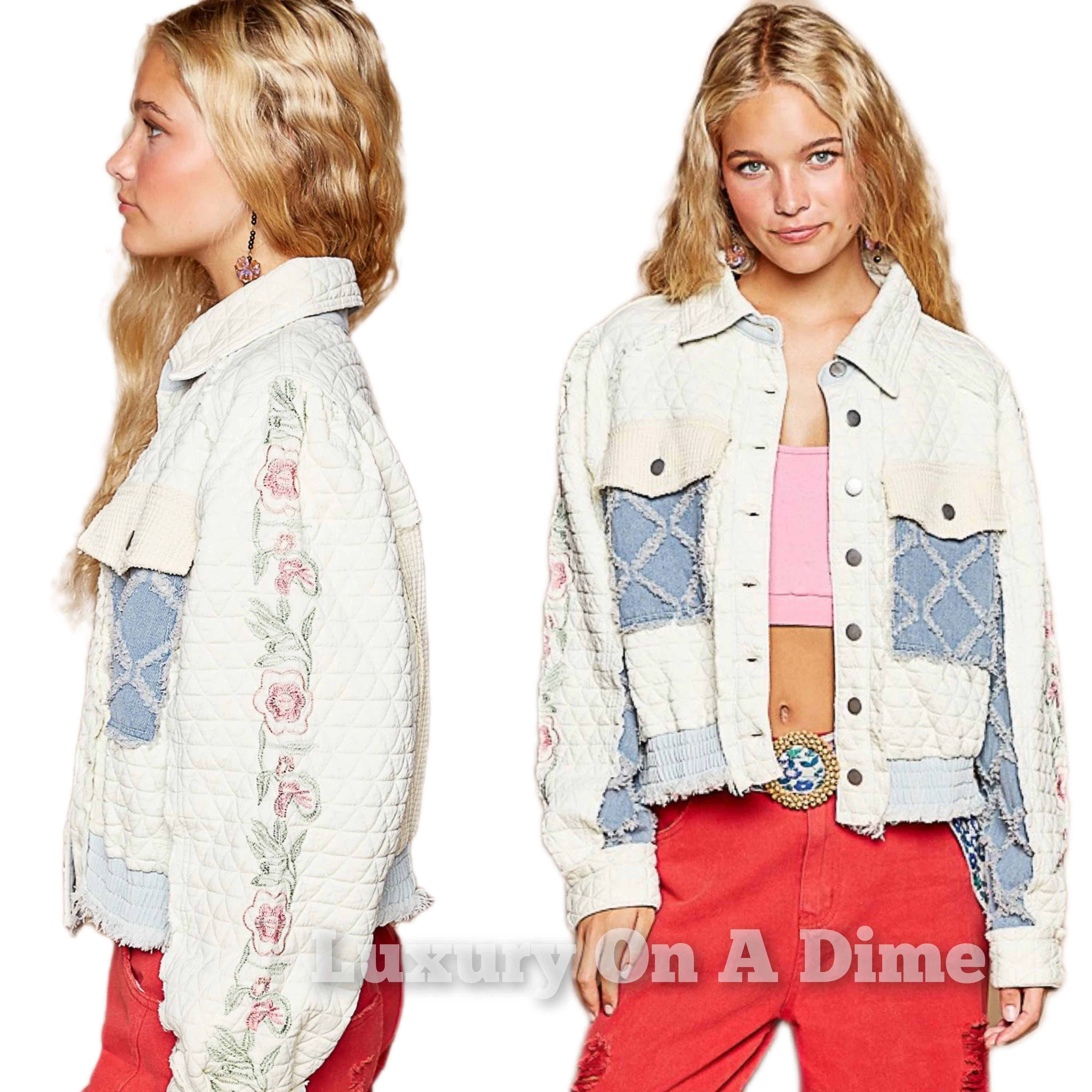 POL Embroidered Patchwork Quilted Frayed Raw Denim Jean Jacket Waffle Knit Pocket