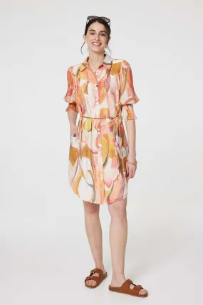 Printed 3/4 Puff Sleeve Shirt Dress