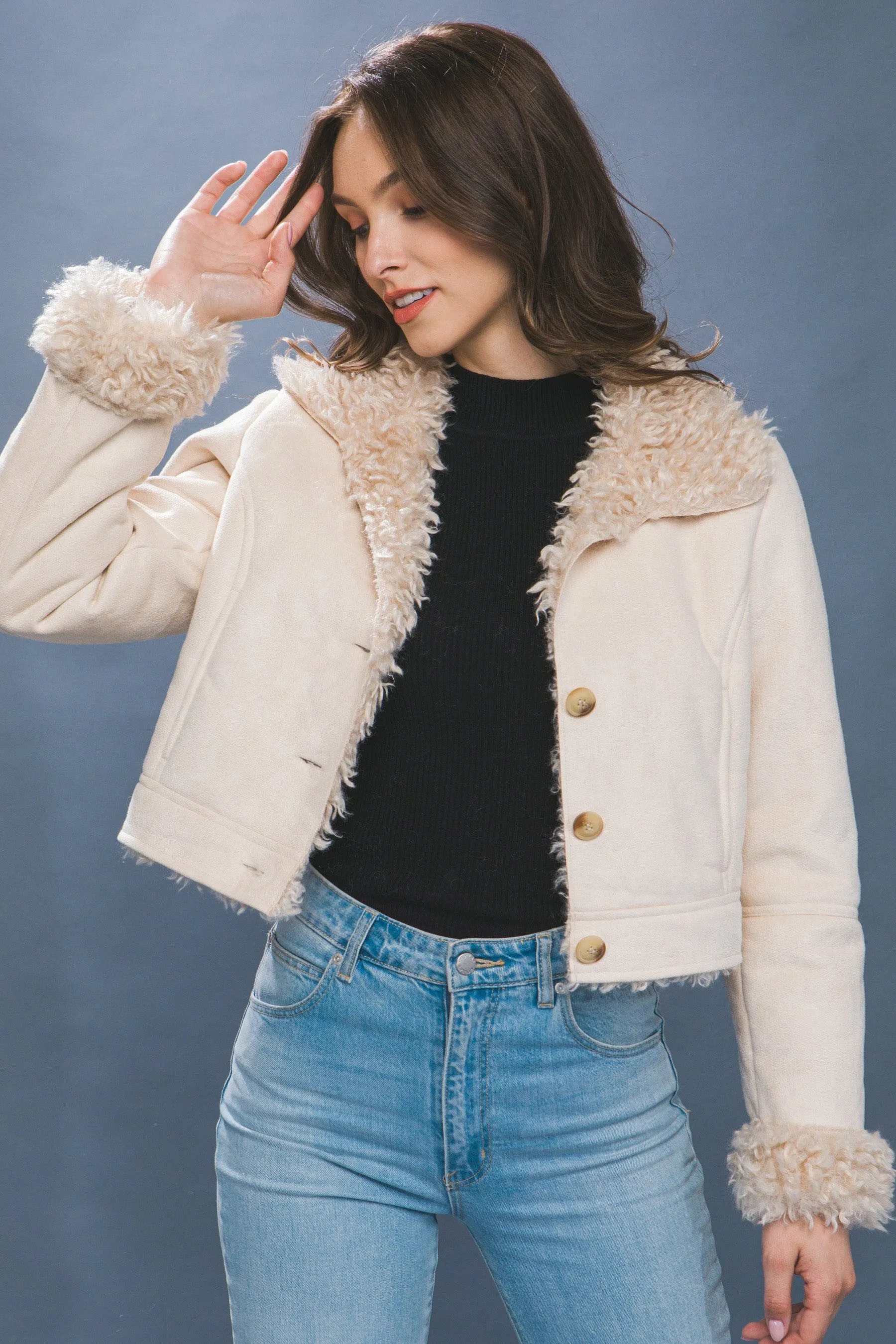 "Chilly City Nights" Beige Suede Cropped Jacket w/ Faux Fur Lining