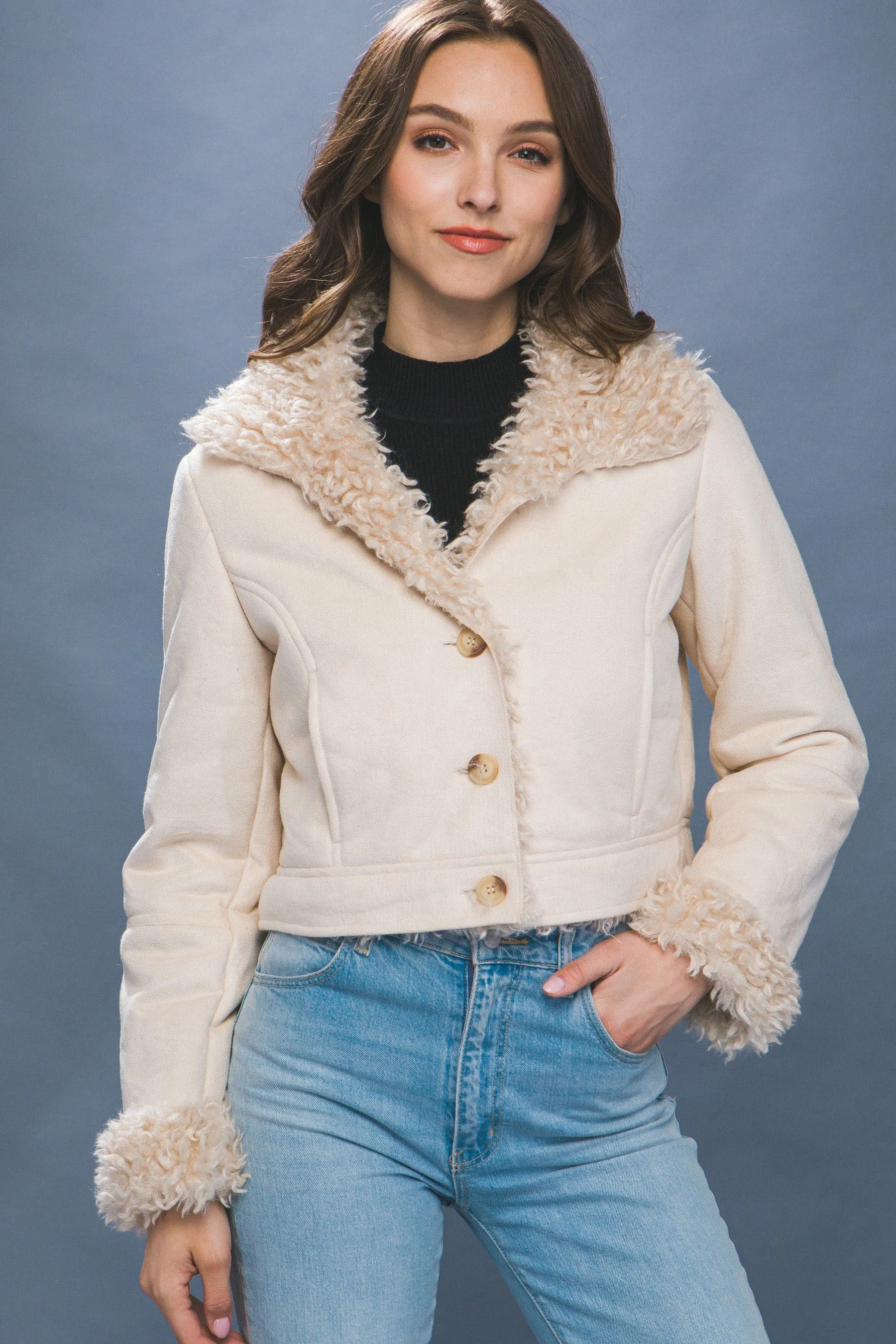 "Chilly City Nights" Beige Suede Cropped Jacket w/ Faux Fur Lining