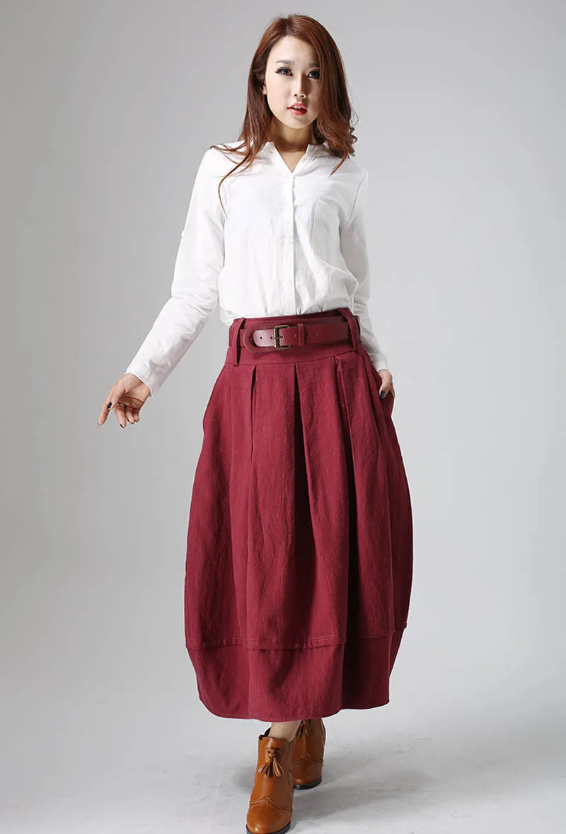 Red linen pleated maxi bubble skirt 0821#