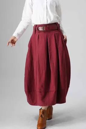 Red linen pleated maxi bubble skirt 0821#