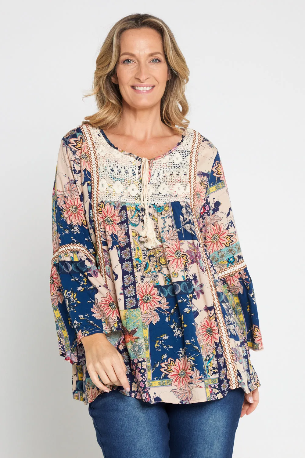 Sasha Boho Top - Peach Navy Paisley