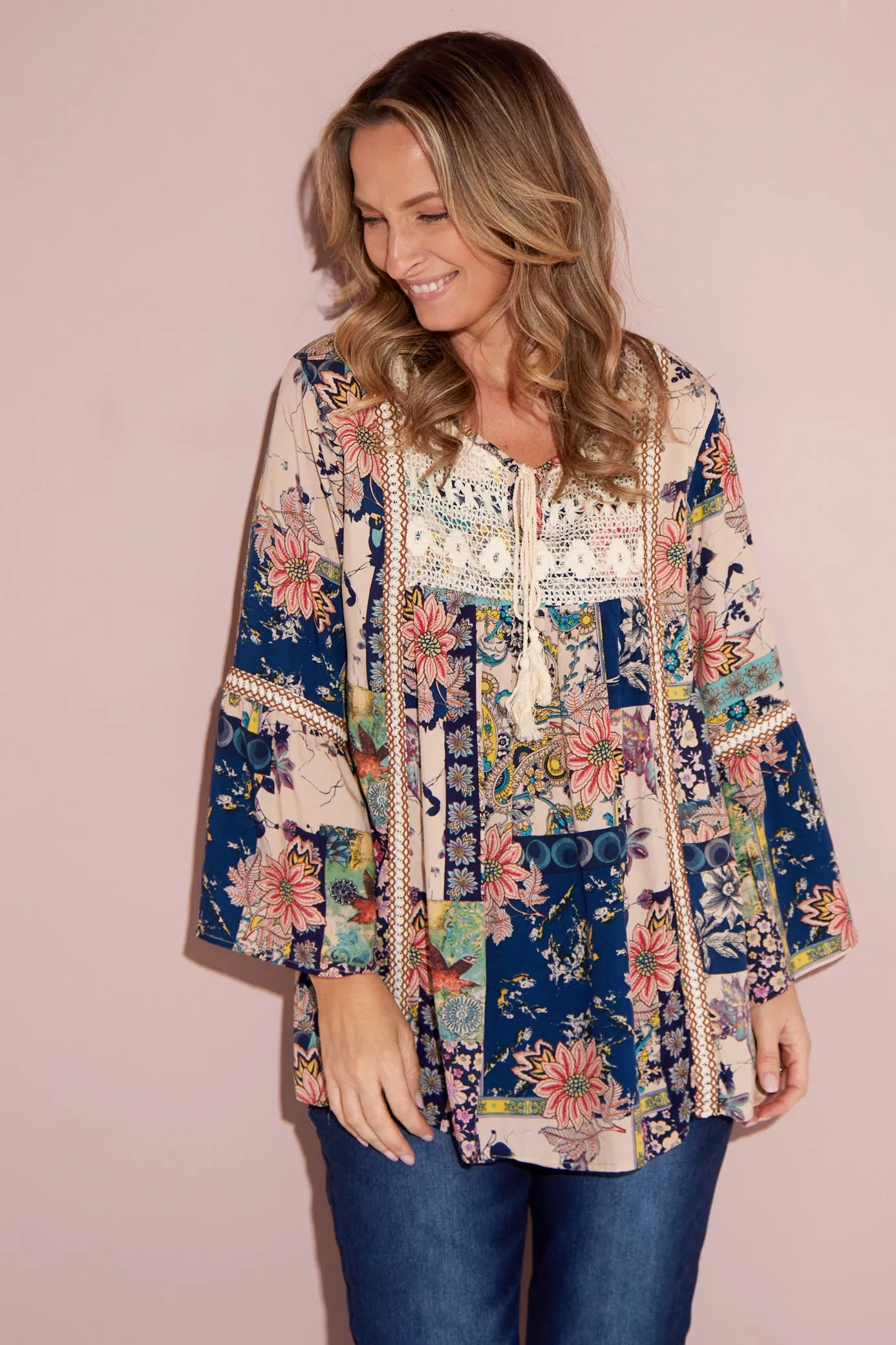 Sasha Boho Top - Peach Navy Paisley