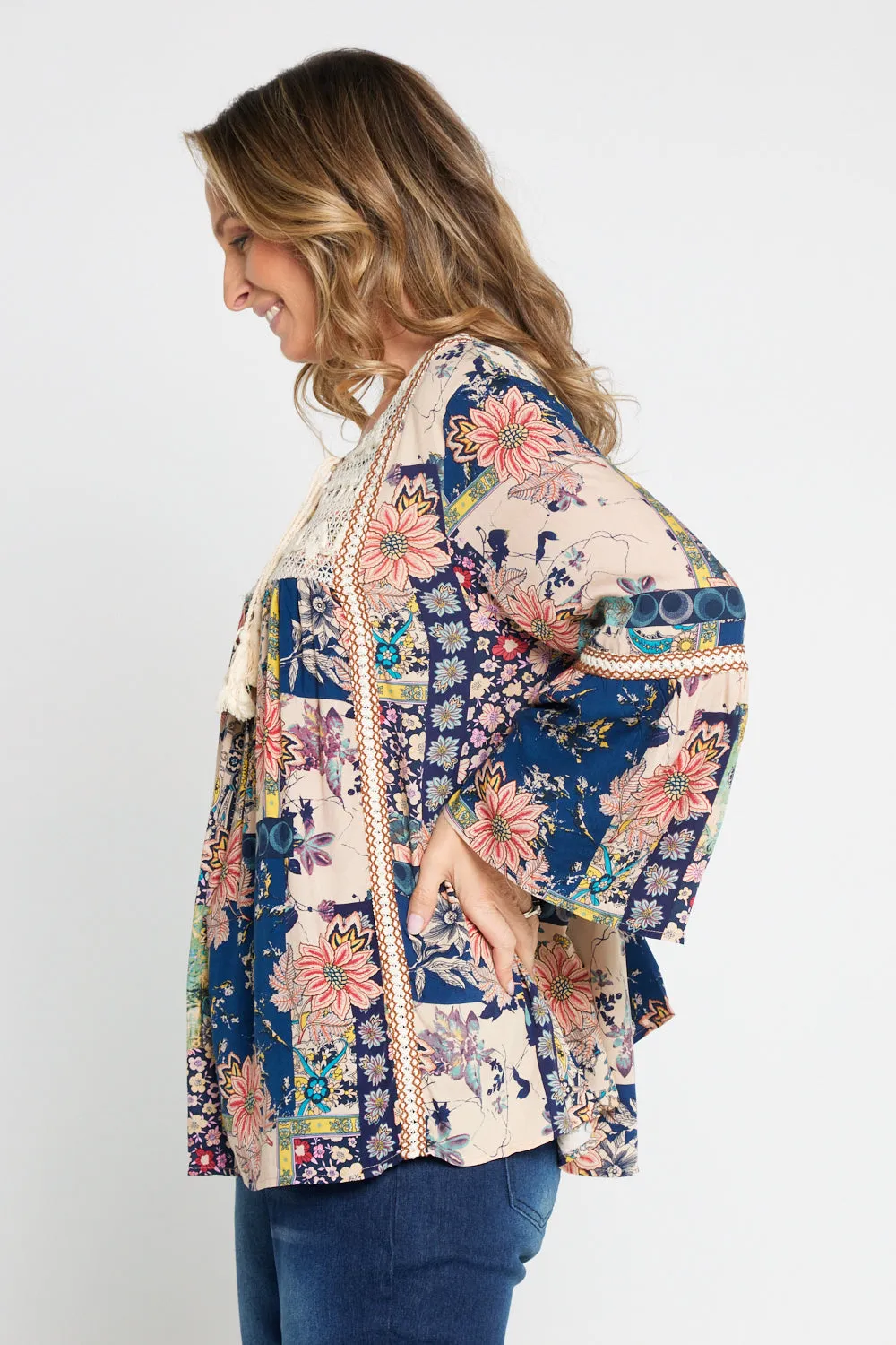 Sasha Boho Top - Peach Navy Paisley