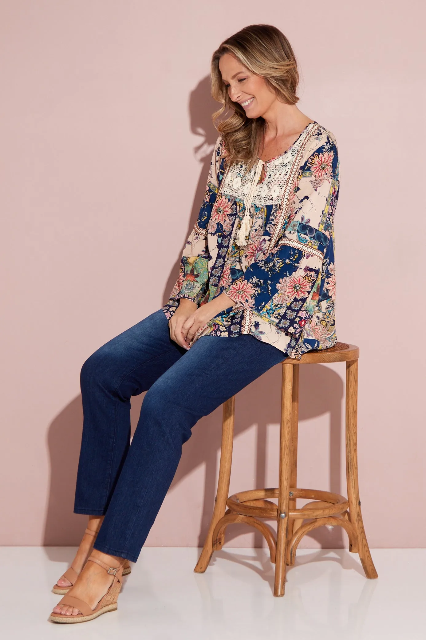 Sasha Boho Top - Peach Navy Paisley