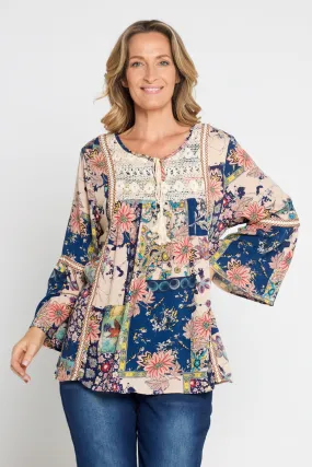 Sasha Boho Top - Peach Navy Paisley